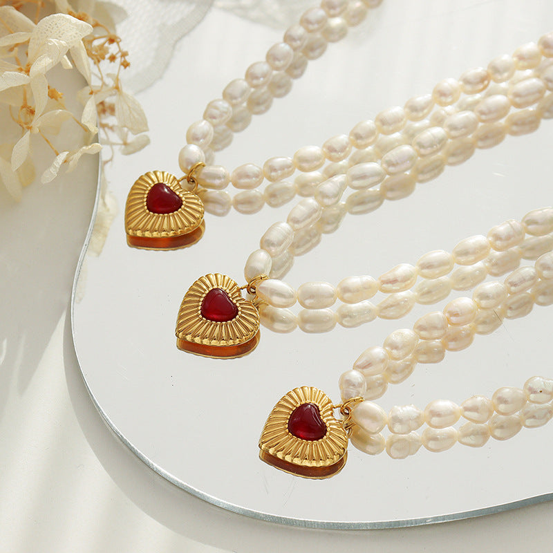 Heart Pendant Inlay Red Agate Freshwater Pearl Necklace