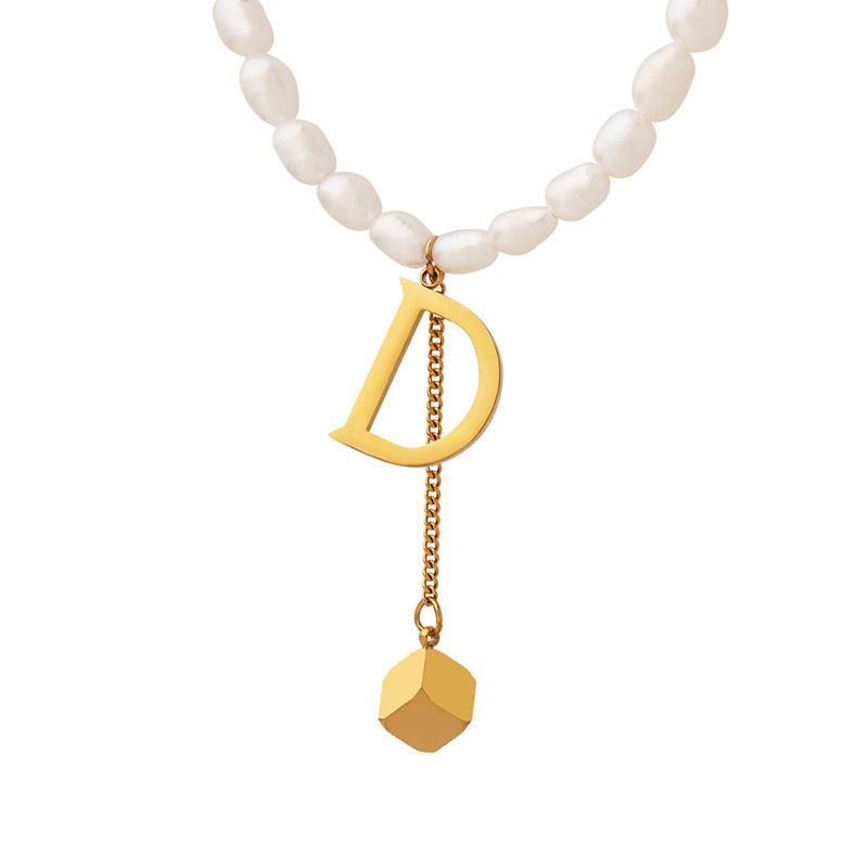 Letter D Gold Cube Drop Pendant  Freshwater Pearl Necklace