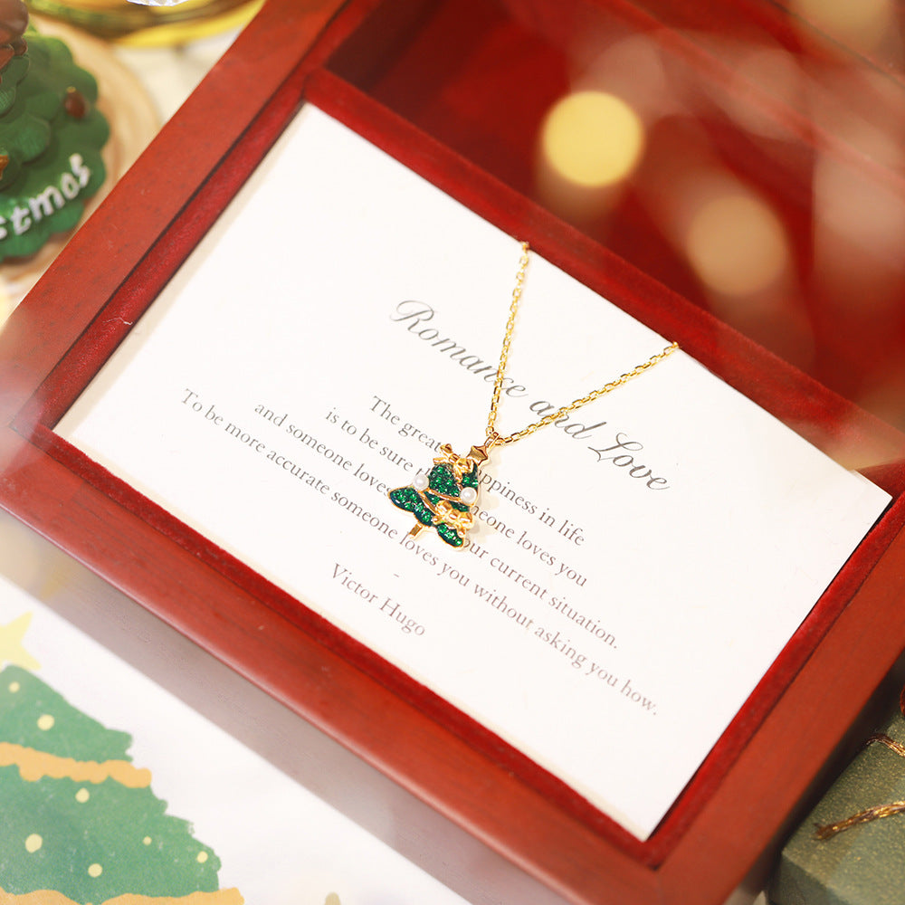 Christmas Tree Bow Pearl Pendant Necklace