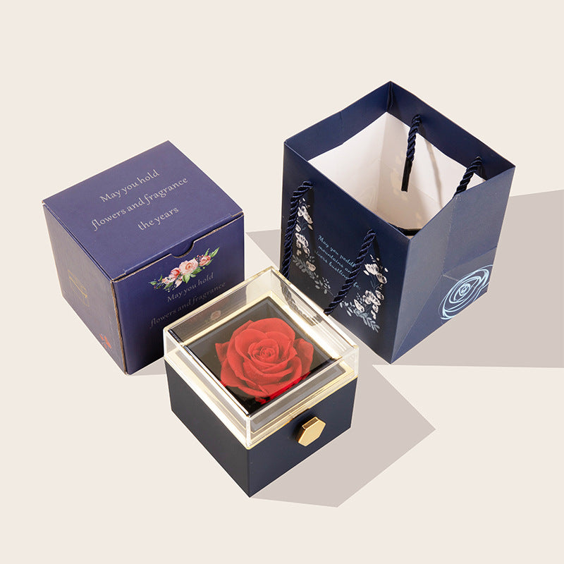 Preserved Flower Rose Ring Necklace Square Jewelry Box