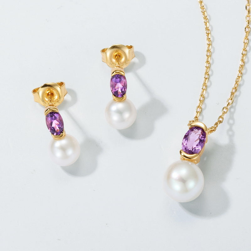 Natural Freshwater Pearl and Purple Crystal Pendant Necklace