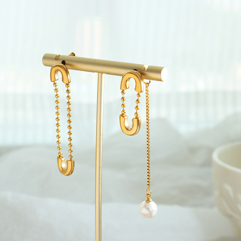 Gold Bead Chain Paperclip Tassel Asymmetrical Earrings