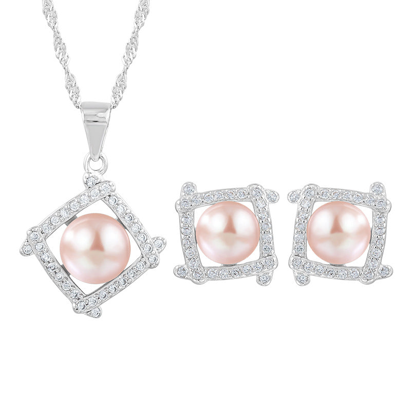 Hollow Square Enhancer Pearl Pendant Necklace Earrings Set