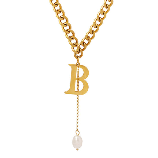 Letter B Pearl Drop Pendant Thick Flat O Chain Y Necklace