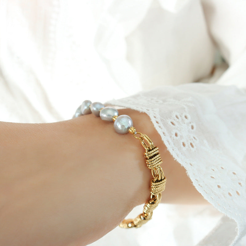 Knot Chain Stitching Grey Freshwater Pearl Bracelet