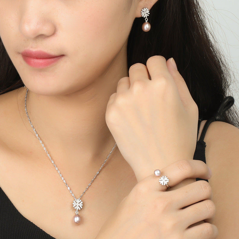 Snowflake Freshwater Pearl Pendant Necklace Earrings Ring Set