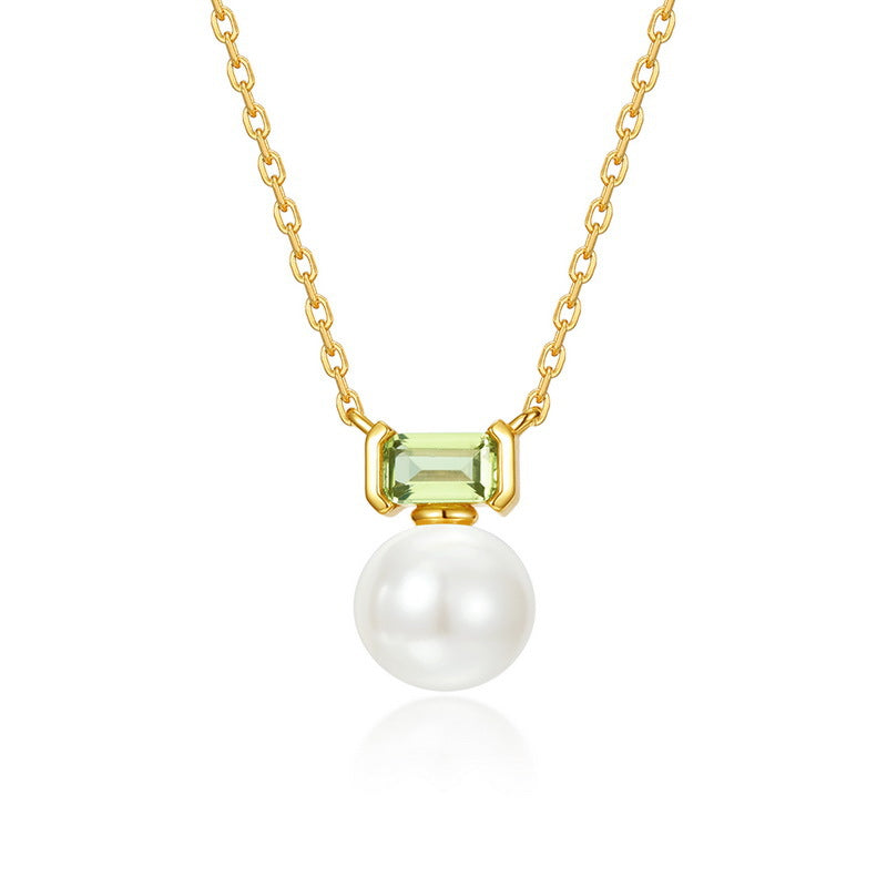 Light Green Gem and Pearl Pendant Necklace