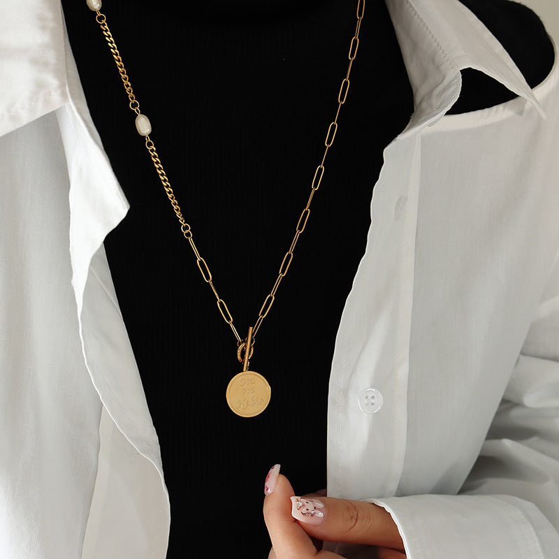 OT Clasp Vintage Coin Pendant Long Paperclip Sweater Necklace