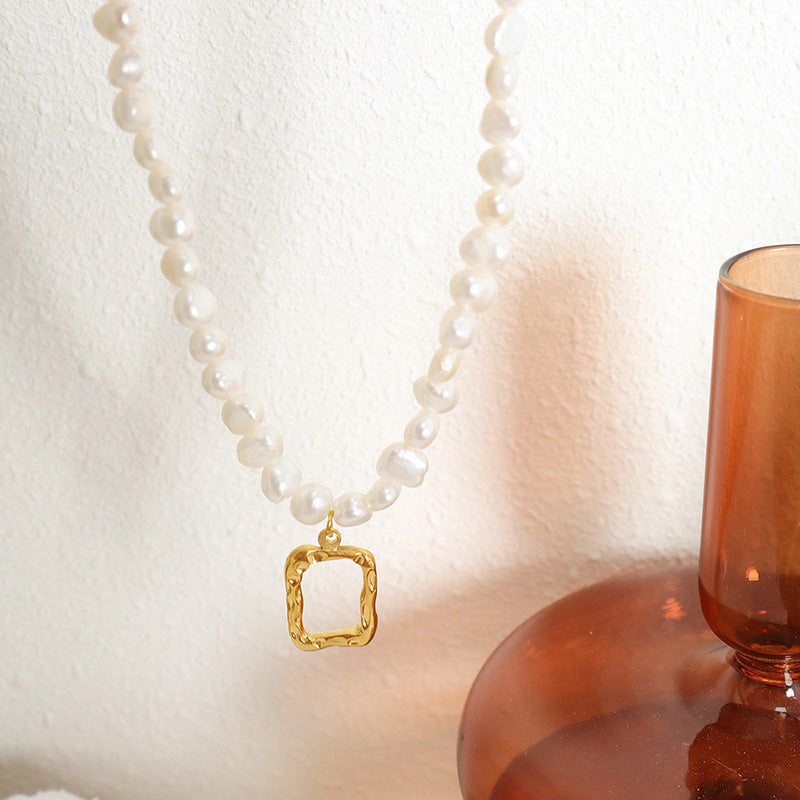 Rectangular Hollow Frame Pendant Freshwater Pearl Necklace