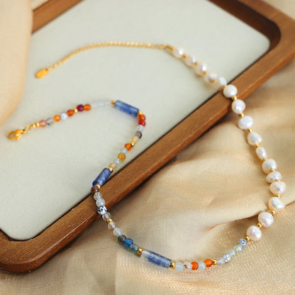 Colorful Natural Agate Crystal Freshwater Pearl Beads Necklace