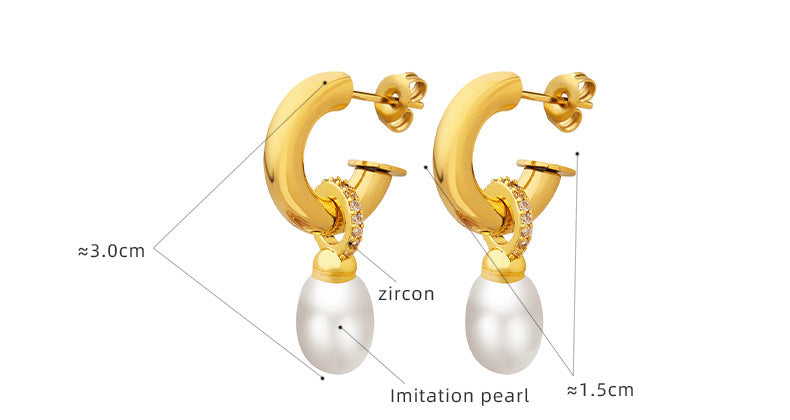 Zircon And Oval Pearl Drop Earrings