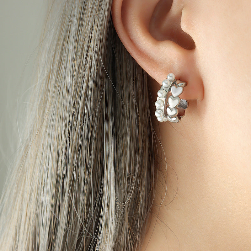 Geometric C Shape Love Heart And Pearl Earring