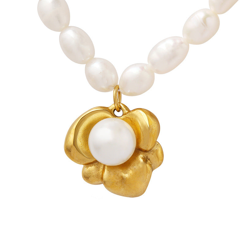 Irregular Flower Inlay Pearl Pendant Freshwater Pearl Necklace