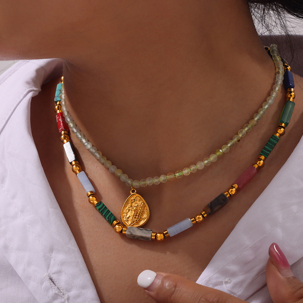 Colorful Jade Grape Stone Half Pearl Half Chain Necklace