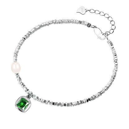 Silver Block Pearl Green Gem Charm Bracelet