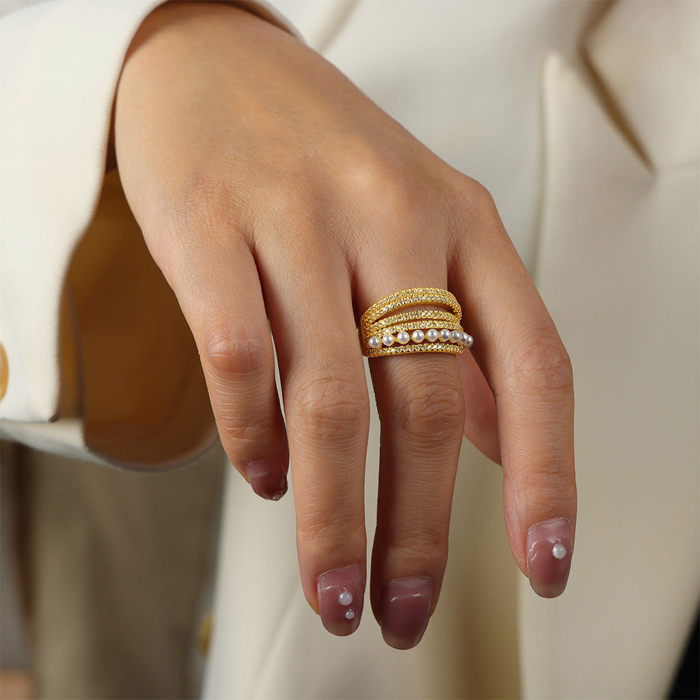 Open Diamond and Pearl Ring 