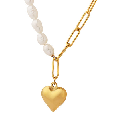 Half Paperclip Chain Half Freshwater Pearl Necklace With Heart Pendant