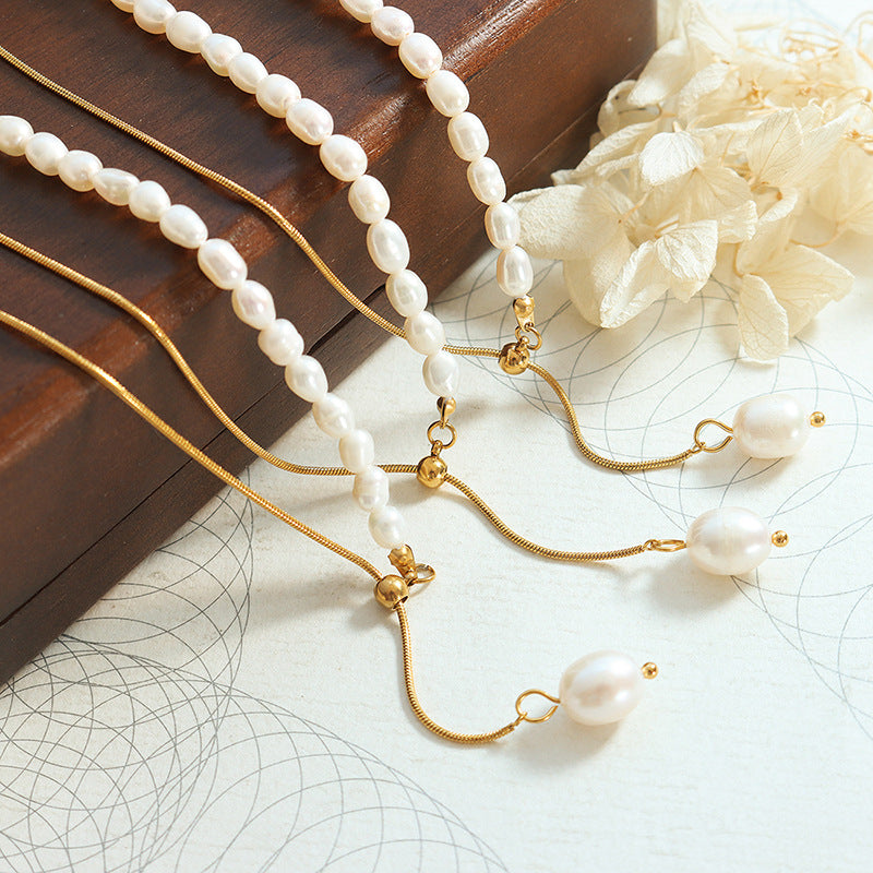 Pullable Half Snake Chain Half Freshwater Pearl Y Necklace