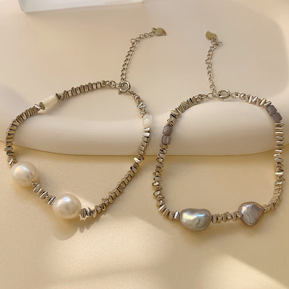 Silver Blocks Chain Baroque Pearl Bracelet