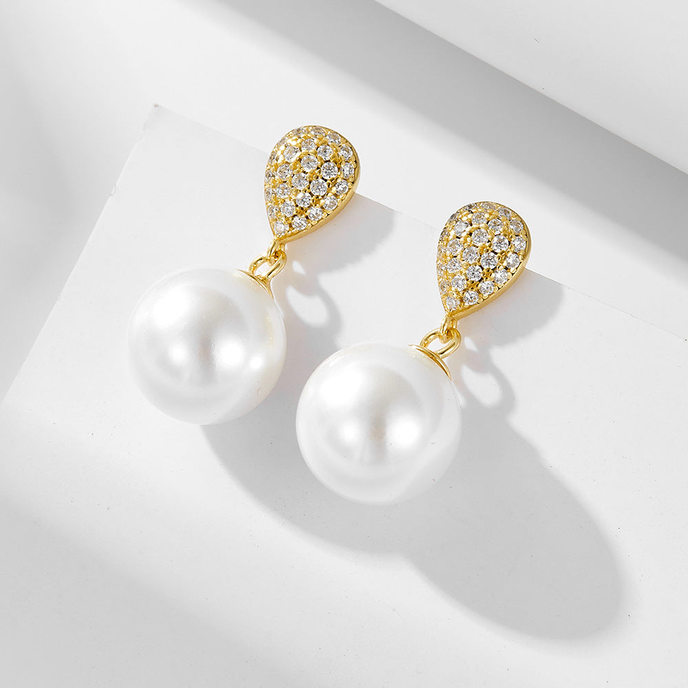 Teardrop Zircon 10mm Pearl Dangle Earrings