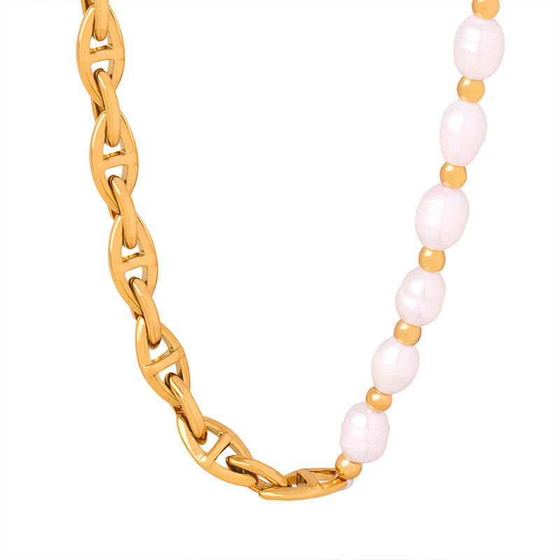 Freshwater Pearl Splicing Gold Thick Geometric Chain Necklace 