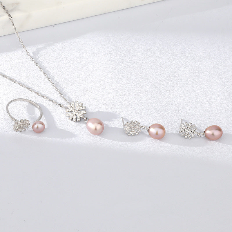 Snowflake Freshwater Pearl Pendant Necklace Earrings Ring Set