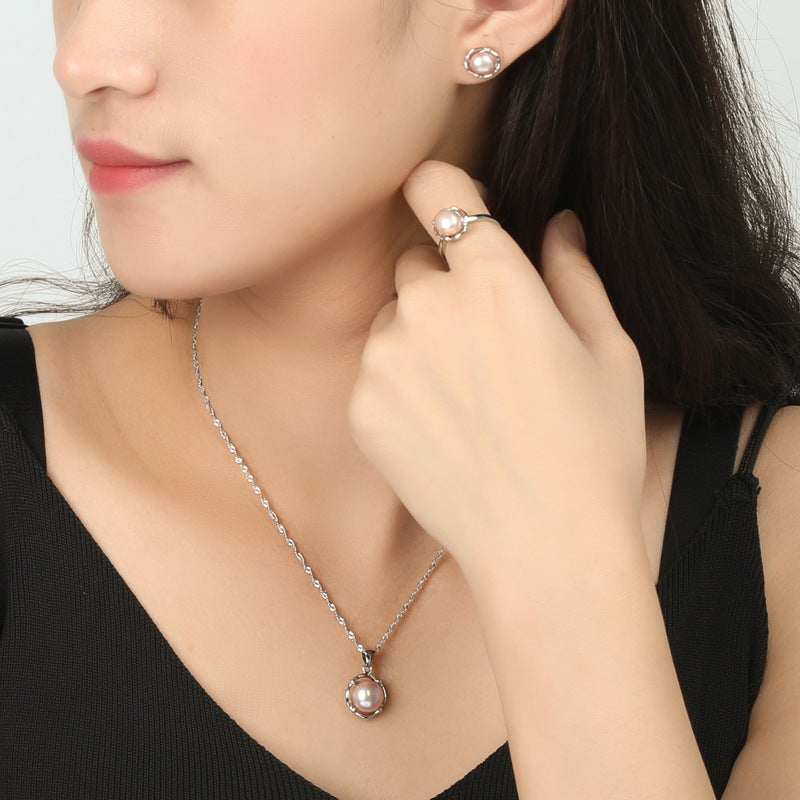 Minimalistic Pearl Pendant Necklace Earrings Ring Set