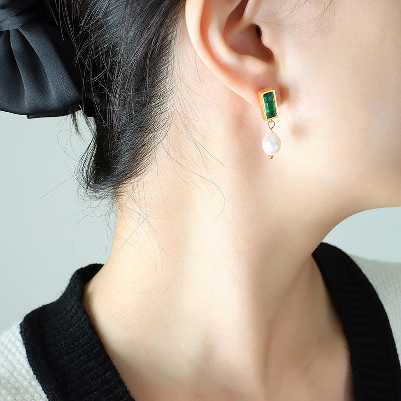 Black Zircon And Emerald Pearl Drop Earrings