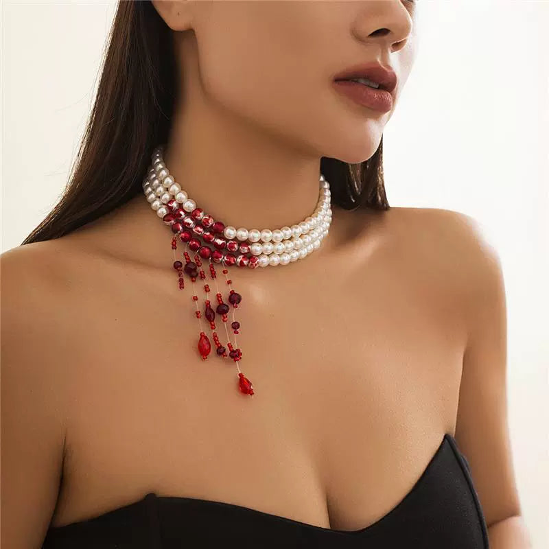 Vampire Bite Dracula Kiss Bloody Pearl Choker Necklace Bracelet Earrings Brooch