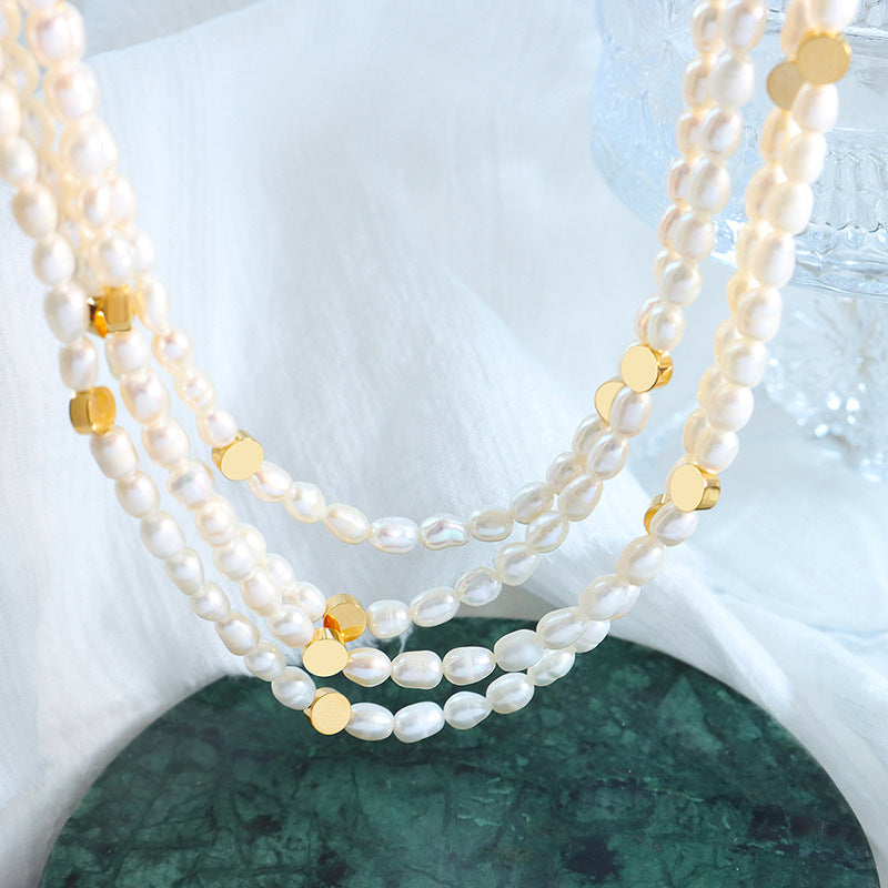 Gold Flat Round Beads Stitching Freshwater Pearl Necklace