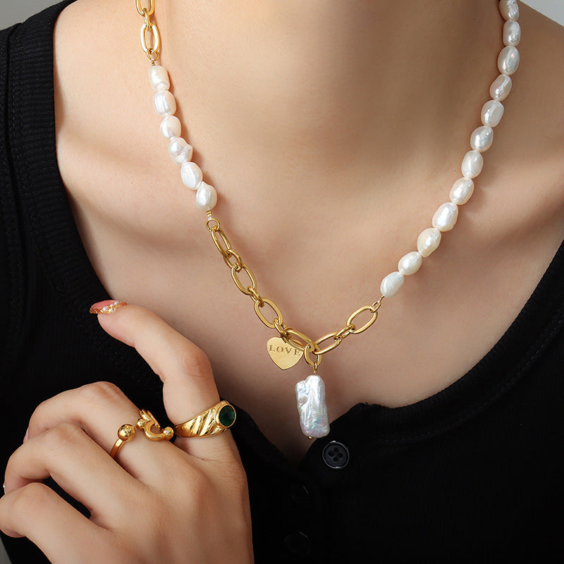 Pearl Splicing Thick Chain Necklace With Love Pendant