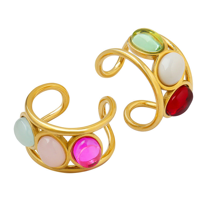 Colorful Pink Green Red Beads Gold Enhancer Ring