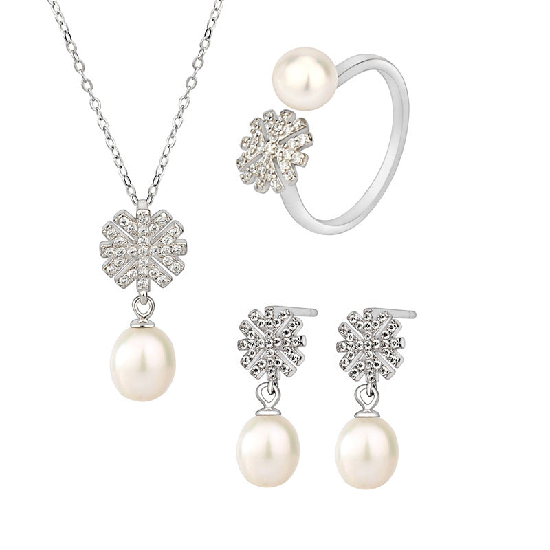 Snowflake Freshwater Pearl Pendant Necklace Earrings Ring Set