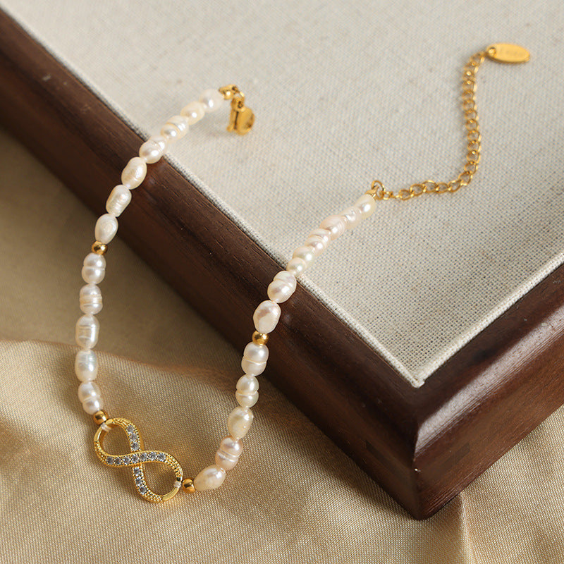 Diamond Infinity Charm Freshwater Pearl Bracelet 