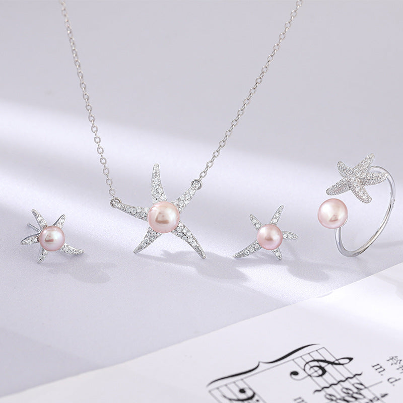 Pearl and Starfish Necklace Earrings Ring Set