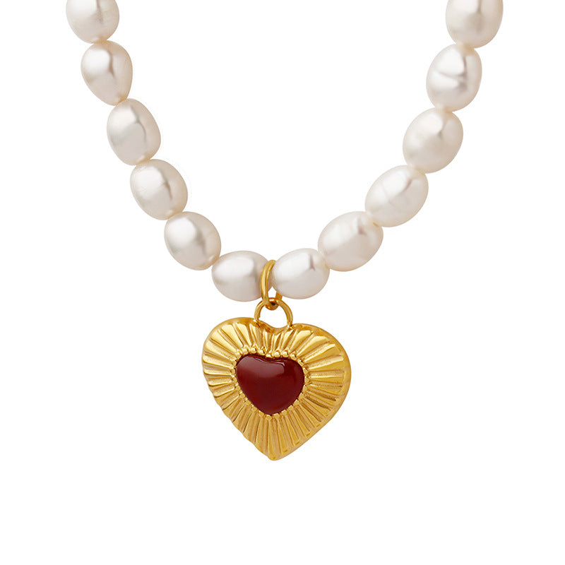 Heart Pendant Inlay Red Agate Freshwater Pearl Necklace