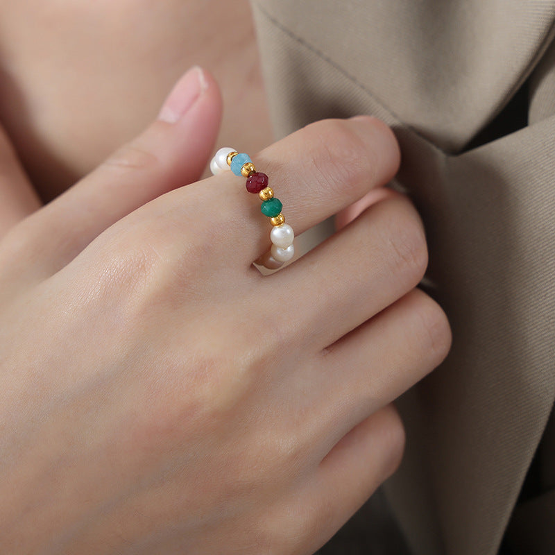 Elastic Natural Agate And Pearl Ring 