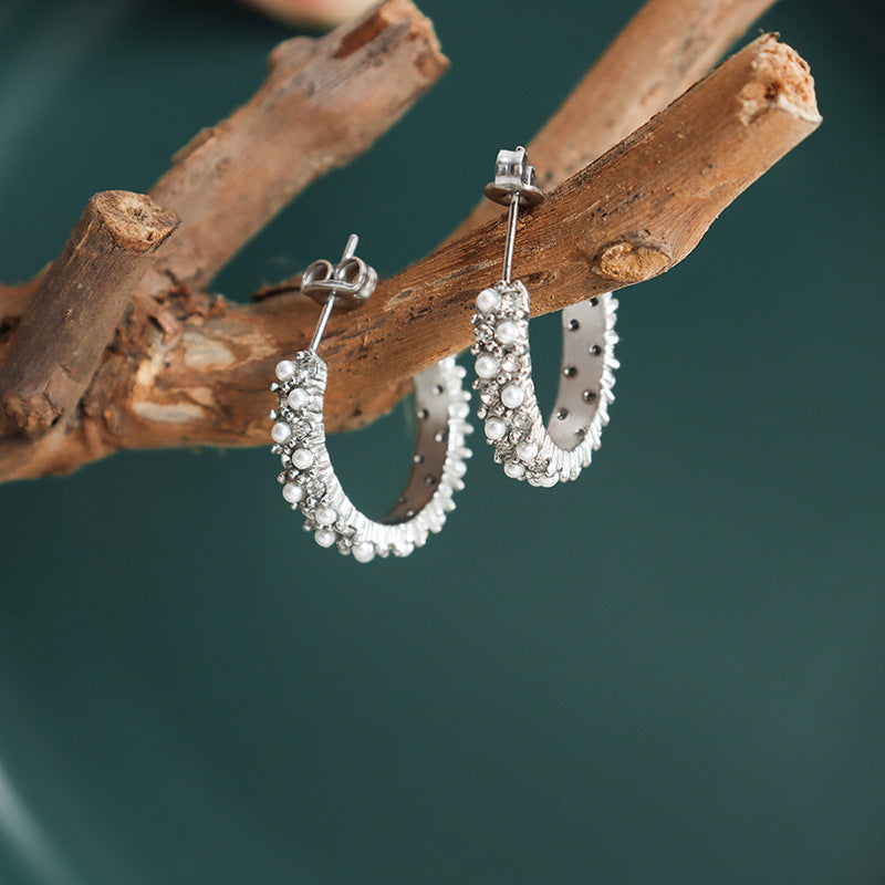 C-Shaped Diamond-Set Pearl Earrings