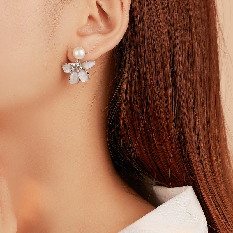 Enamel Flower Dangle Pearl Earrings