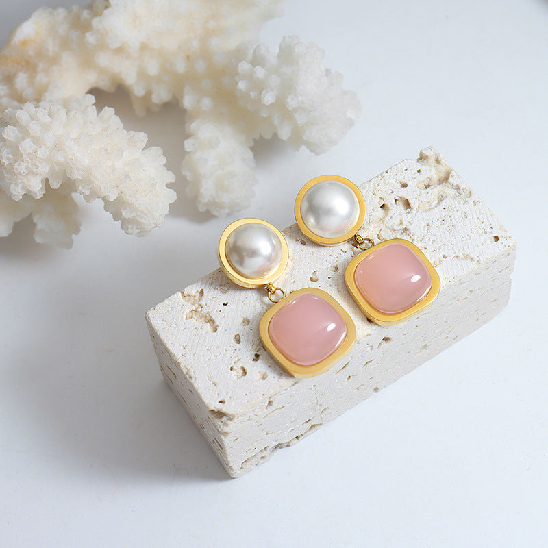 Square Pink Jade Pearl Earrings
