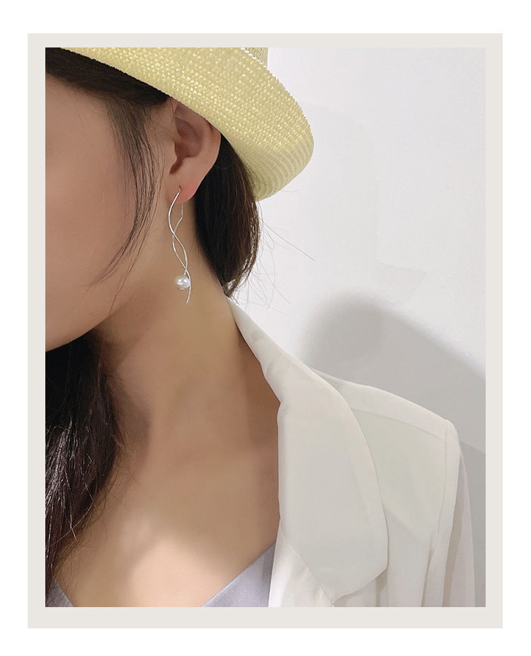 S Curve Line Tassel Pearl Drop Earrings