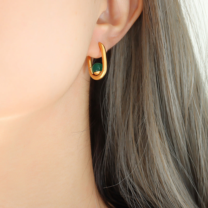 Geometric U Shape Tiger Eye Stone Green Agate Pearl Earrings