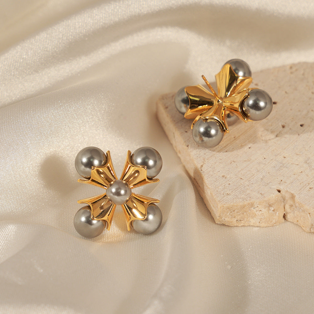 Vintage Floral Cross Pearl Earrings 