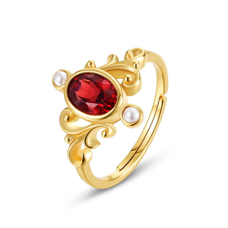 Retro Crown Pearl and Garnet Ring