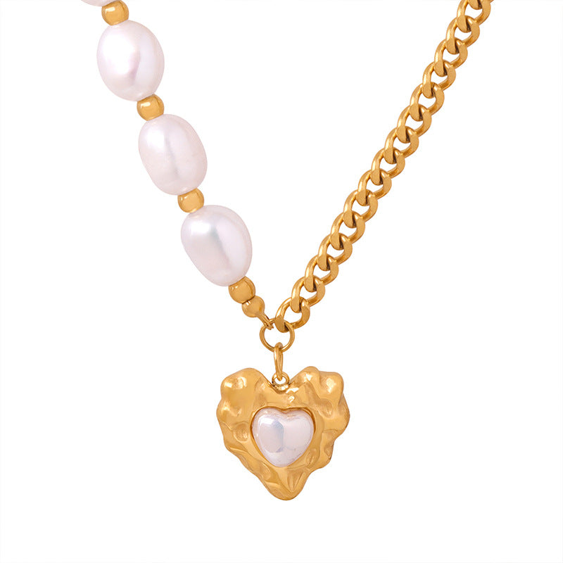 Half Gold Chain Half Freshwater Pearl Necklace With Heart Pendant 