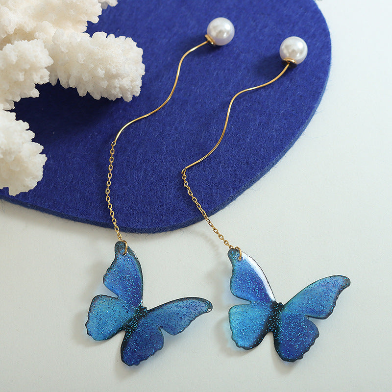 Pearl Drop Linear Blue Butterfly Earrings