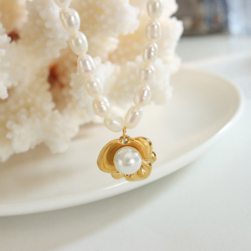 Irregular Flower Inlay Pearl Pendant Freshwater Pearl Necklace