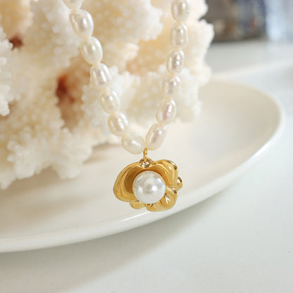 Irregular Flower Inlay Pearl Pendant Freshwater Pearl Necklace