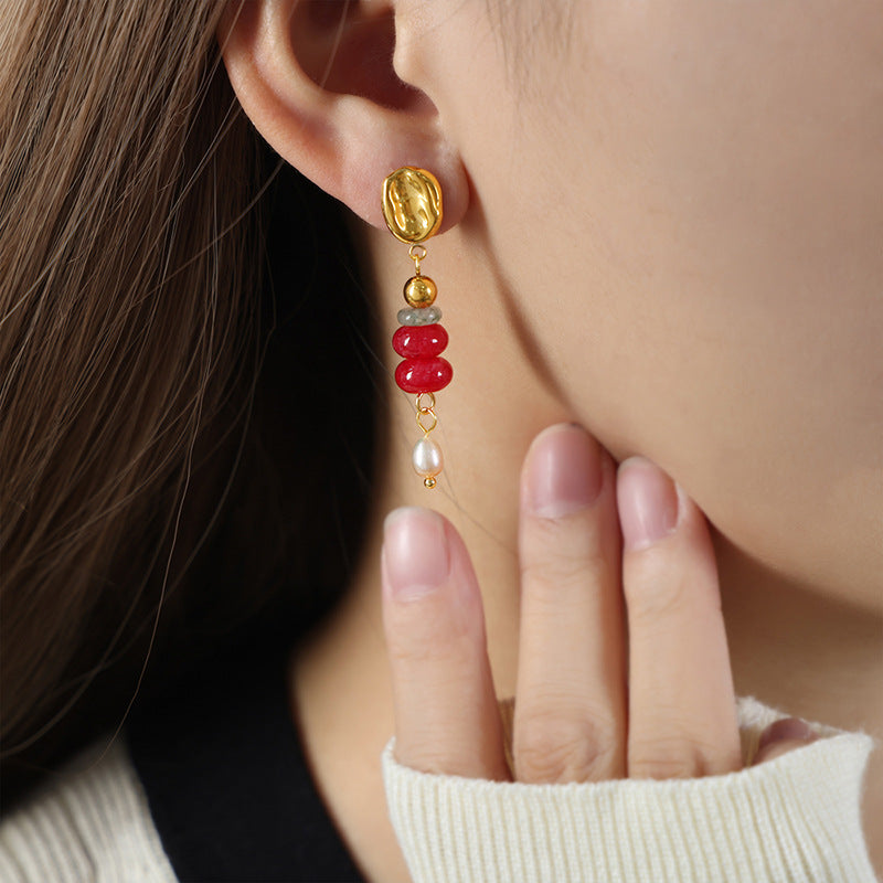 Colored Natural Stone Freshwater Pearl Drop Earrings