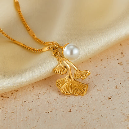 Ginkgo Biloba Leaf Pearl Pendant Necklace